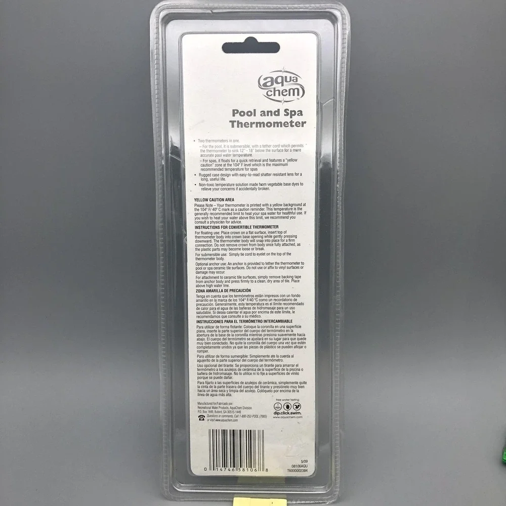 Aqua Chem Pool and Spa Thermometer Floating Submersible New Easy Read White